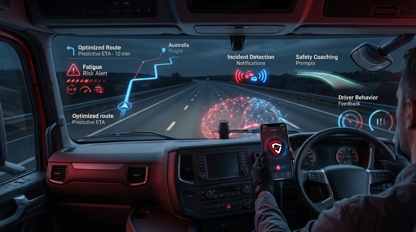 FCX Drive app dashboard showing fatigue alerts, GPS navigation, EWD compliance and safety checklists