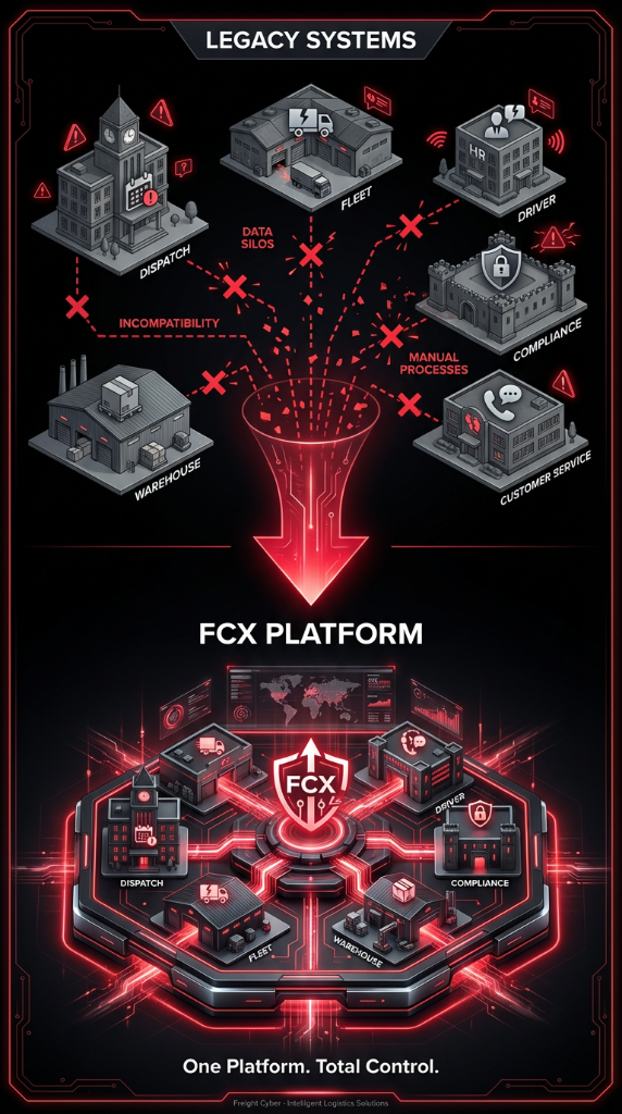 Legacy Systems vs FCX Platform transformation diagram
